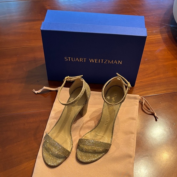 Stuart Weitzman Nearlynude Heel Sandals Platinum Noir Gold Champagne - Picture 1 of 8